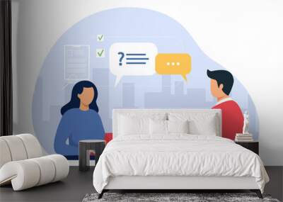 Job interview concept. Modern flat vector illustration of a woman talking to a  man with a laptop. Vector illustration. Isolated in the background. Wall mural