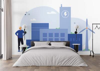 Modern Eco Industry with Windmills. Smart intelligence technology in industrial factory. Eco Power Station with Green Renewable. Vector Illustration. Wall mural