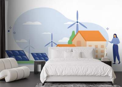 Modern Eco Private House with Windmills and Solar Energy Panels. Cartoon characters living healthy lifestyle. Renewable energy and smart technology concept. Vector Illustration. Wall mural