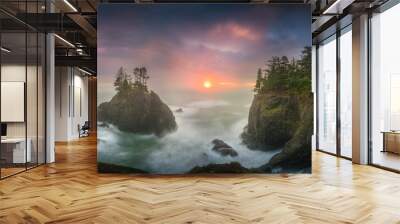 Sunset between Sea stacks with trees of Oregon coast Wall mural