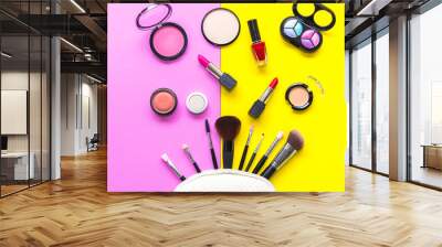 Set cosmetics makeup, brush, eye shadow and lipstick, colourful background.  Lifestyle Concept. Wall mural