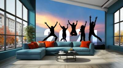 Silhouette happy business teamwork jumping congratulation and celebrate in Happy New year 2021 for change new life future concept. Freedom lifestyle group people team jump as part of Number 2021  Wall mural