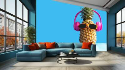 Summer in the party.  Hipster Pineapple Fashion in sunglass and music bright beautiful color in holiday, Creative art fruit for tropical style on the beach vibes, blue background.  Fashion Summer  Wall mural