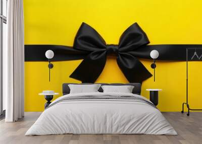 Black satin ribbon bow on a yellow background, minimalistic and elegant composition for luxury packaging, gift wrapping, and Black Friday promotions Wall mural