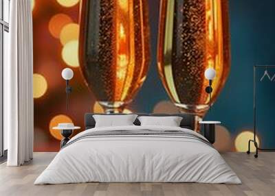 Two glasses of champagne with bubbles on a festive background featuring colorful golden lights, creating a celebratory and elegant atmosphere for Christmas and New Year's celebrations Wall mural