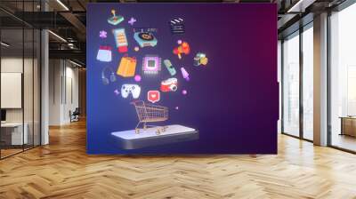 3d rendering of smartphone and shopping cart. Wall mural