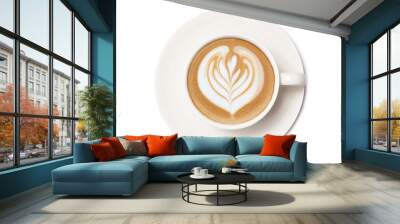 Top view of Hot coffee cappuccino latte art isolated on white background. Wall mural