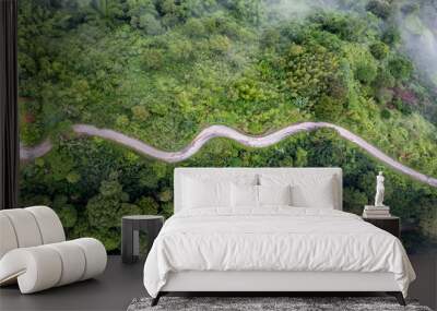 Top view of countryside road passing through the green forrest and mountain Wall mural