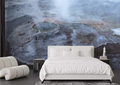 Exploring the fascinating geothermic fields of El Tatio with its steaming geysers and hot pools high up in the Atacama desert in Chile, South America Wall mural