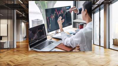 Business team investment working with computer, planning and analyzing graph stock market trading with stock chart data, business financial investment and technology concept Wall mural