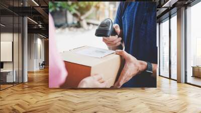 Home delivery service and working service mind, Woman customer hand receiving a cardboard boxes parcel from service courier and deliveryman scan barcode to confirm delivery Wall mural