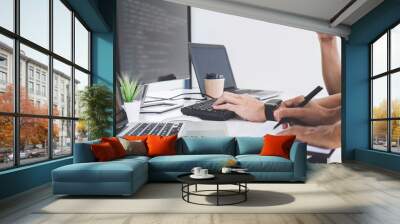 Programmers cooperating at Developing programming and website working in a software develop company office, writing codes and typing data code Wall mural