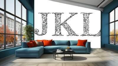 floral illustration alphabet j, k, l,, vector graphic font made by flower and leaf plant creative hand drawn line art for abstract and natural nature style looks in unique monochrome design decoration Wall mural