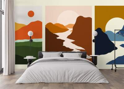 minimalist landscape vector illustration. creative abstract scenery of the mountain, ocean, lake, and sky. sunset and sunrise nuance in earth tone color. trendy contemporary design illustration. Wall mural