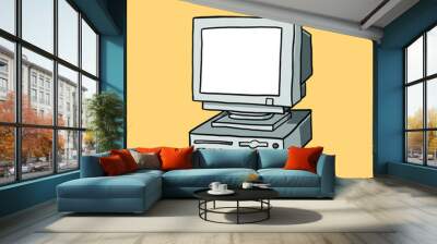 old computer illustration in a cartoon on a yellow background. early computer model icon. desktop monitor doodle in vector graphic. Wall mural