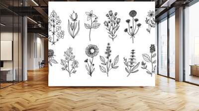 set of flower lineart for wedding and vintage decoration, floral illustration vector	 Wall mural