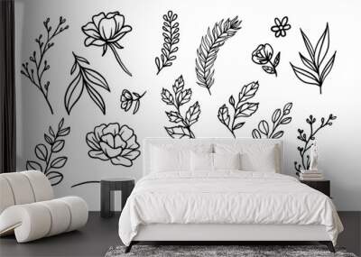 set of hand drawn leaf vector illustration, flower lineart isolated graphic elements for your design, floral lineart for classic design Wall mural