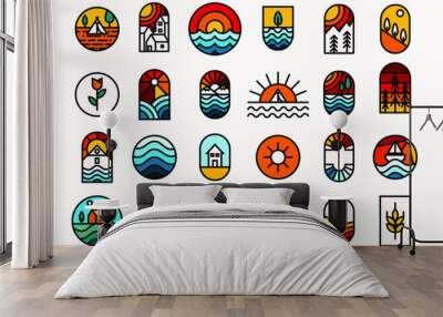 set of monoline badge illustrations. various colorful emblems in a classic and minimalist style. a nature on frame for a creative identity design. Wall mural