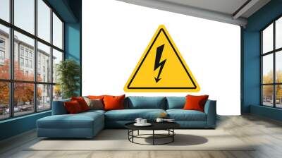 the high voltage sign. a sign to caution a dangerous area or warn people there is high voltage electricity. yellow triangle symbol isolated on white. Wall mural