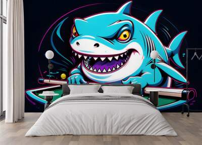 A cartoon illustration of a shark playing pool billiards Wall mural