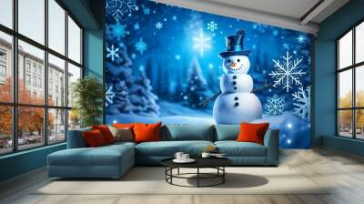 A  cute snowman in the middle of winter with snow and snowflakes all around. There is a blue color cast to the landscape. Wall mural