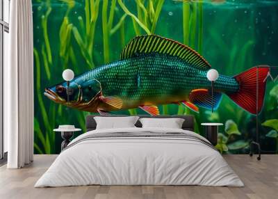 A green beautiful tropical fish under water with plant ife all around. Wall mural