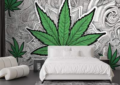 a hand drawn illustration of a green marijuana leaf Wall mural