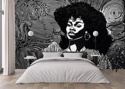 An illustration of a pretty black african american woman with an afro from the 1970s disco era. Black and white line drawing. Wall mural