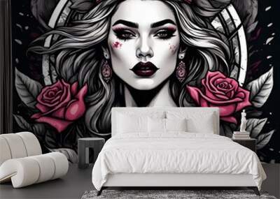 Tattoo flash art of a modern day queen or princess surrounded by roses and plants.  Wall mural