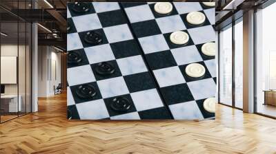 Background, checkers board with checkers, checkers is logical game for two. Wall mural