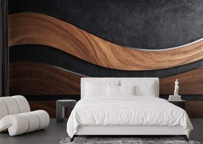 Background and textured black wall with a wooden and metal wavy insert. Wall mural