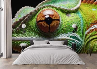 Close up of the eye of a chameleon on black background Wall mural