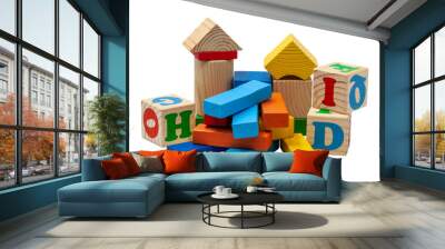 A mountain of wooden colored bars and cubes. Blue, yellow and red toys for children's construction games. No background. Photo in high quality Wall mural