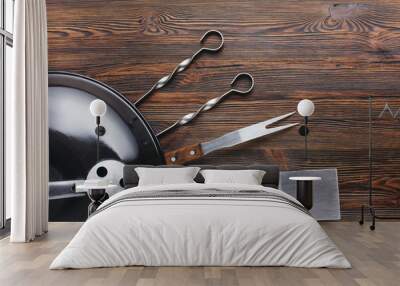 Barbecue appliance and utensil on wooden textured Wall mural