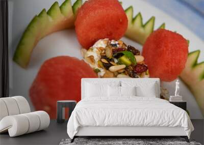 RECIPE OF SALAD OF FETA RINGS COATED WITH DRIED FRUIT, PISTACHE, NUTS AND PASTEQUE Wall mural