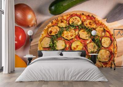 Vegetarian Provencal quiche recipe with vegetables, zucchini, tomato, pepper, onion, parsley Wall mural