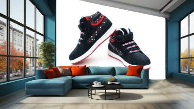 pair of black stylish shoes for kid on white background Wall mural