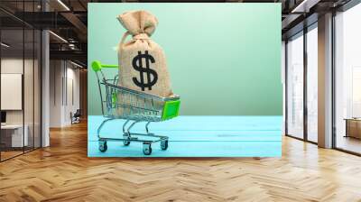 shopping cart with a bag with US dollar symbol Wall mural