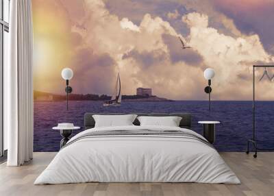 Photo of a beautiful scenic sea and sky landscape. Yacht in sea. Lightly toned Wall mural