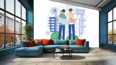 Construction workers discussing on building plan Wall mural