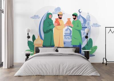 Muslim couple giving zakat Illustration concept on white background Wall mural