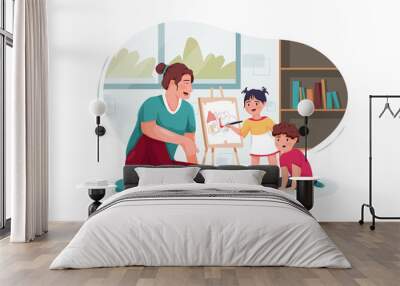 Nanny with cute little children playing and drawing at home Wall mural