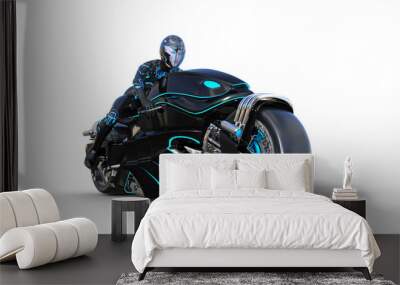 Biker girl with helmet riding a sci-fi bike, black futuristic motorcycle isolated on white background, 3D rendering Wall mural