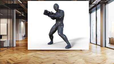 Futuristic android soldier in bulletproof armor, military cyborg armed with sci-fi rifle gun shooting on white background, 3D rendering Wall mural