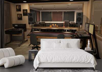 Music recording studio with sound mixer, instruments, speakers, and audio equipment, 3D rendering Wall mural