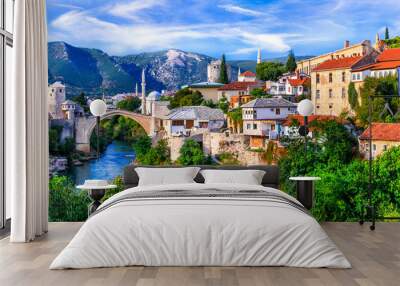 Amazing iconic old town Mostar with famous bridge in Bosnia and Herzegovina Wall mural