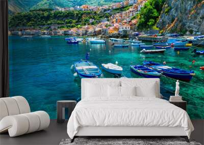 beautiful sea and places of Calabria -Scilla town with traditional fishing boats. south of Italy Wall mural