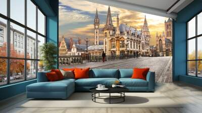 beutiful medieval Gent town over sunset. Belgium travel and landmarks Wall mural