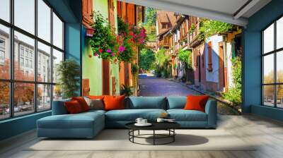 Floral traditional town Colmar with charming old streets in Alsace region. France Wall mural