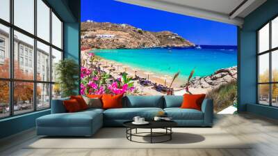 Greece summer vacation. Luxury greek holidays. Stunning Mykonos island. famous Super Paradise beach with  turquoise sea Wall mural